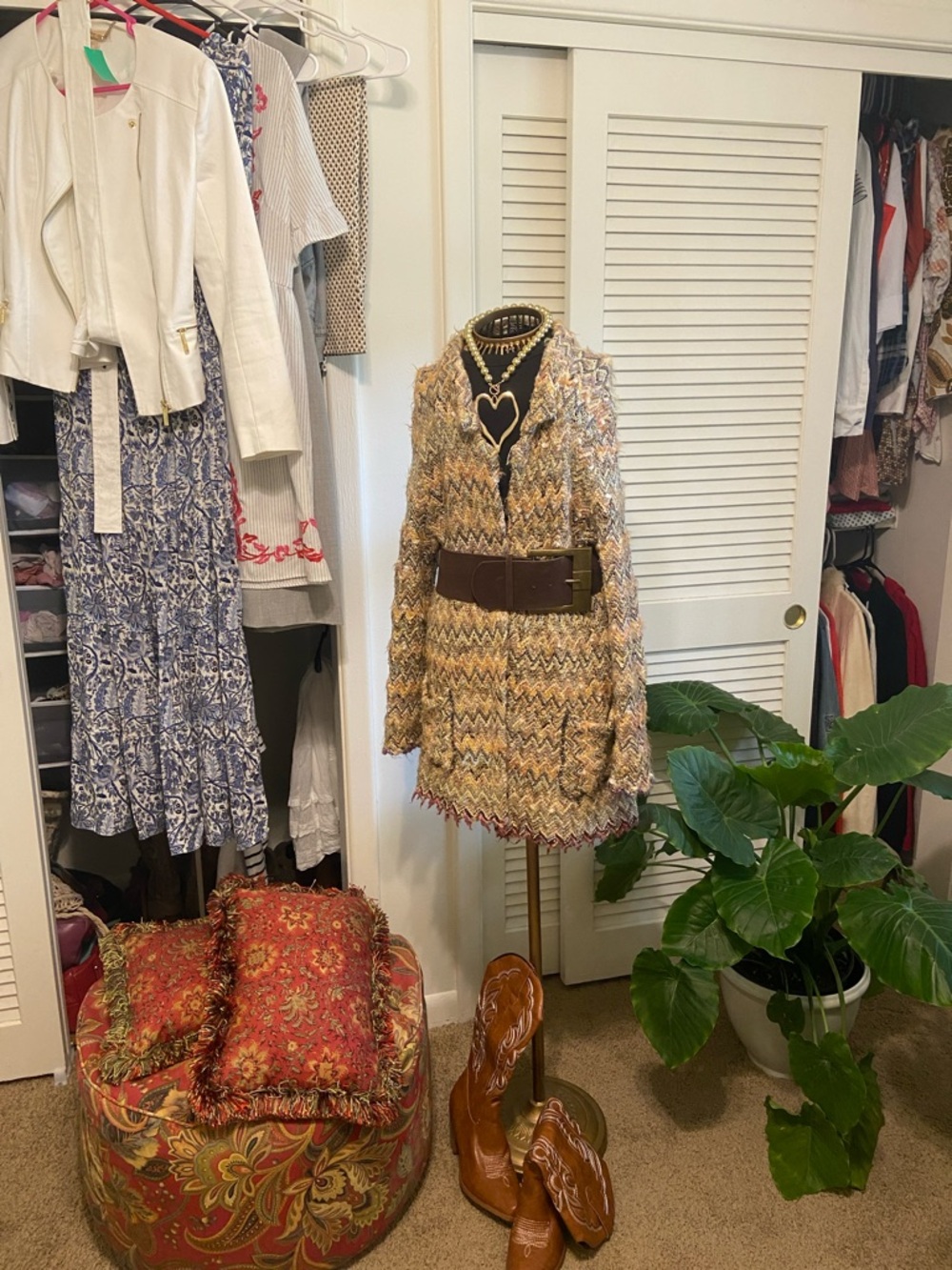 Multicolor Textured Knit Blazer with Brown Belt